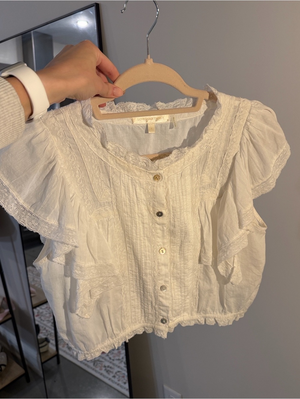 LoveShackFancy Ivory Ruffle Pintuck Button Front Top - Picture 3 of 4